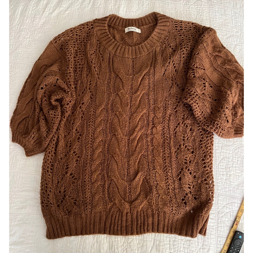 Three Bird Nest Brown Cable Knit Pointelle long Sleeve Crewneck Sweater/Dress L